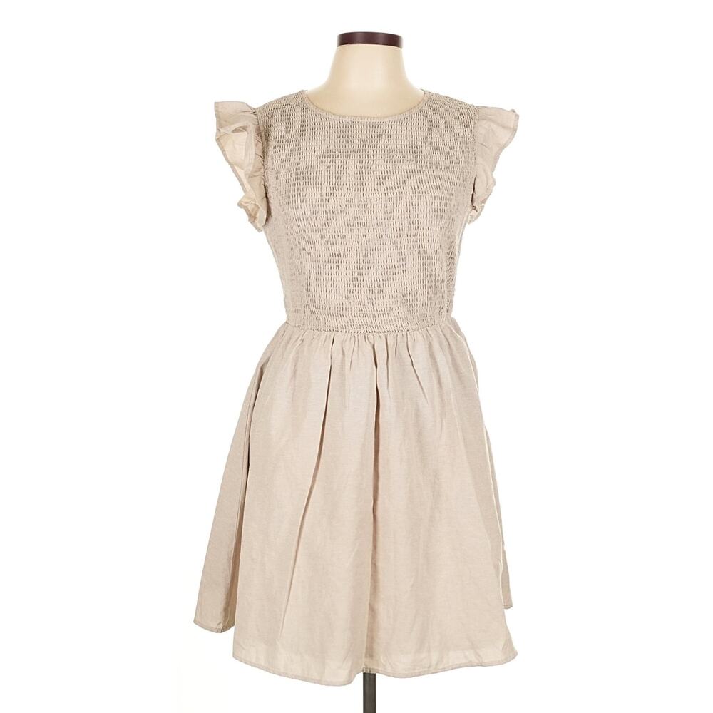 English Factory smocked ruffle‎ sleeve dress  neutral beige midi cottagecore L